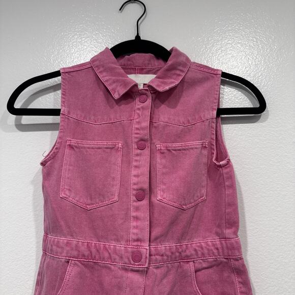 Zara Pink Denim Romper Girls Size 6 Years Frayed Hem Button Front Pockets Boho - Picture 2 of 6